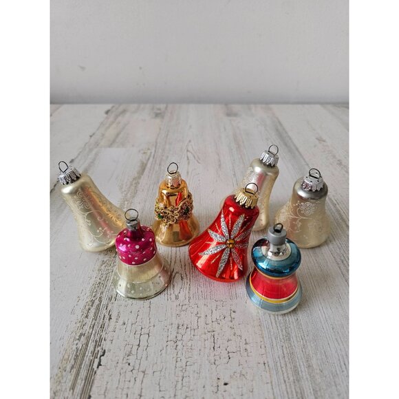 Vintage glass bells ornament glitter silver set Xmas tree Victorian - Picture 1 of 6